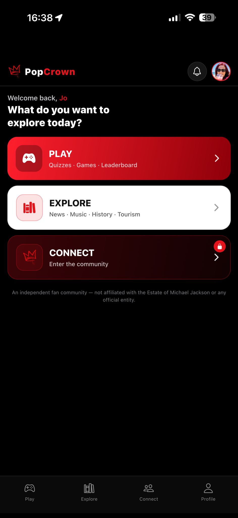 PopCrown app home dashboard - PLAY EXPLORE CONNECT - Michael Jackson fan community